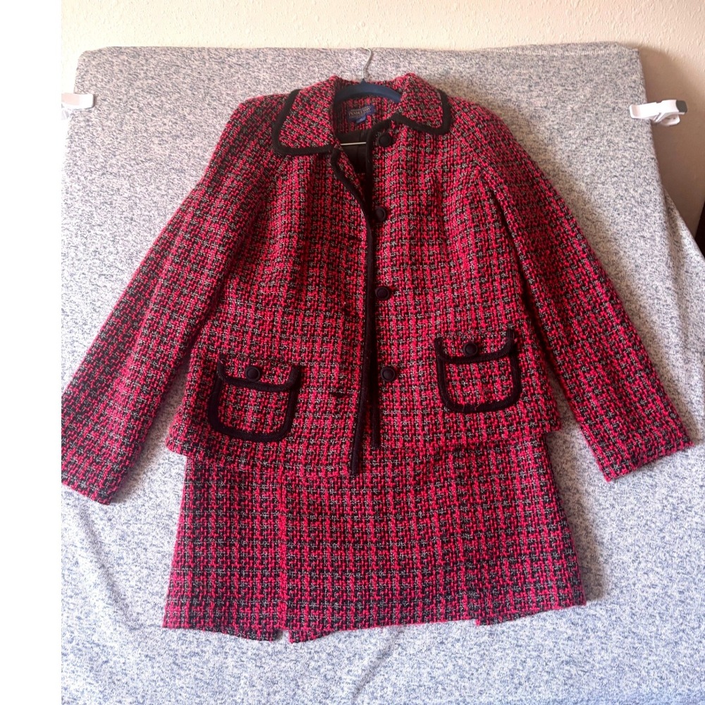 Pendleton Skirt Suit Women 10 Pink Black Tweed Blazer Jacket 2 Piece Set